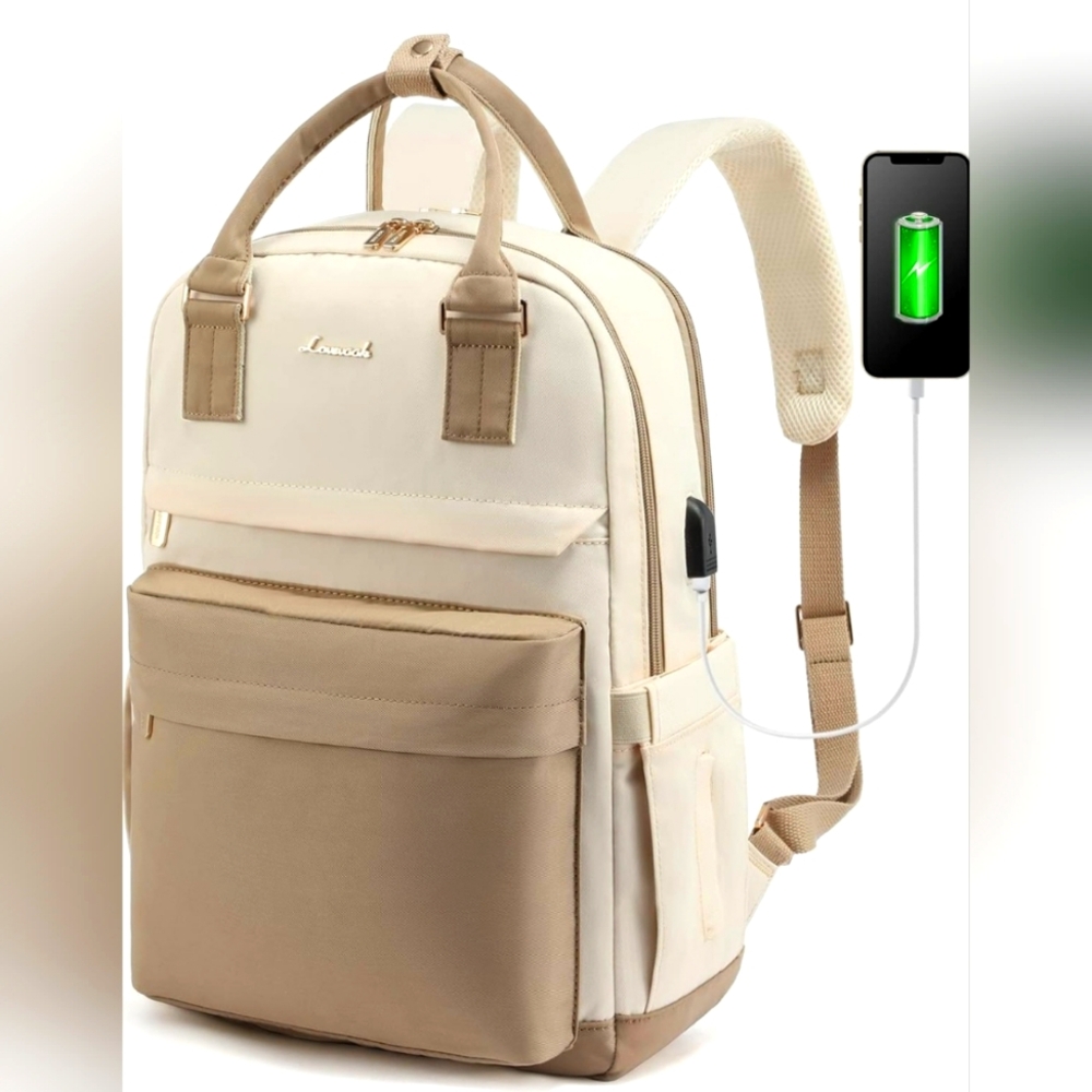 Cream and Tan Women’s Convertible Backpack with USB Charging Port